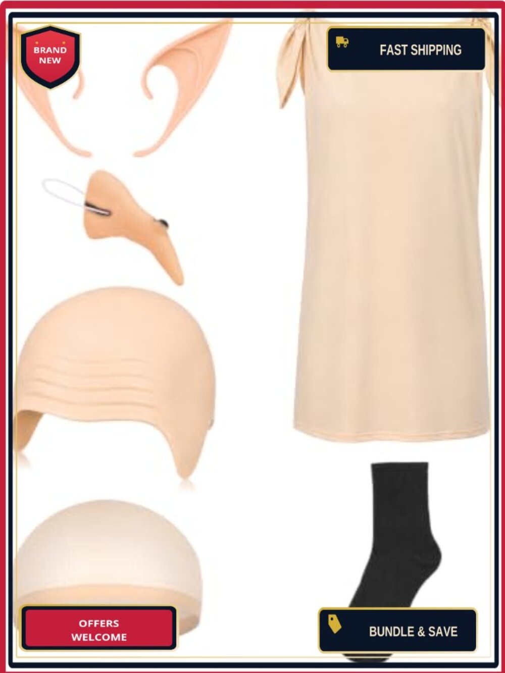Halloween House Elf Costume Set Tunic Bald Cap Ears Nose Sock Cosplay
